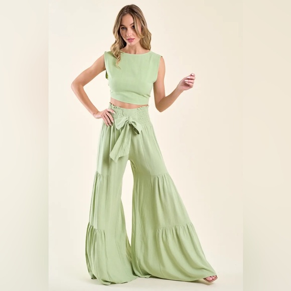 NEW!! Kiwi Boho Wide Leg Linen Palazzo Pants With Waist Sash - Picture 2 of 5